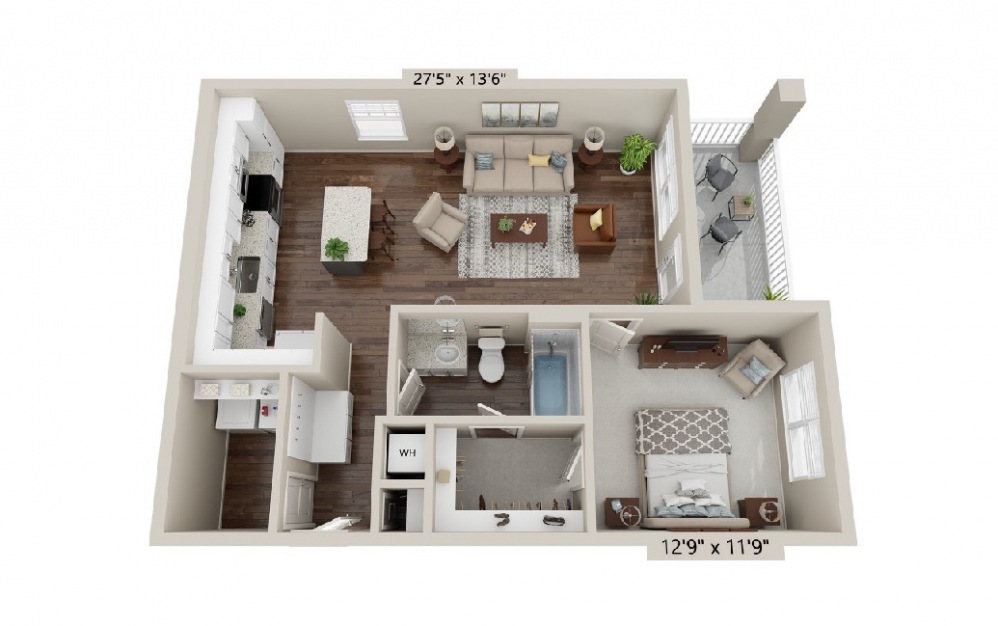 A1 - 1 bedroom floorplan layout with 1 bath and 805 square feet.