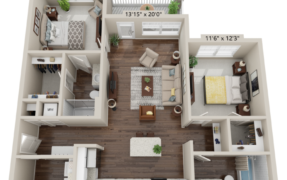 C1 - 3 bedroom floorplan layout with 2 bathrooms and 1305 square feet (3D)