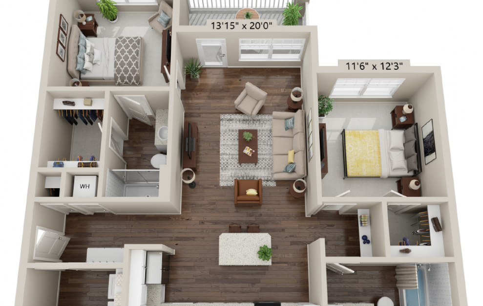 C1 - 3 bedroom floorplan layout with 2 baths and 1305 square feet. (3D)