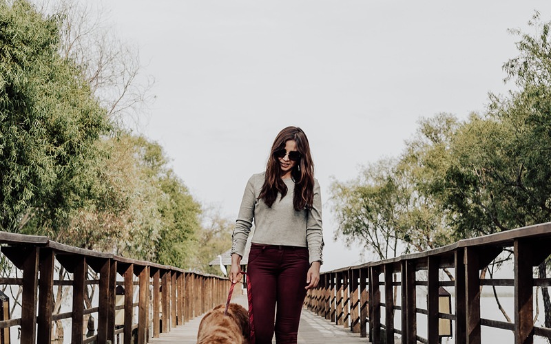 Woman walking dog over bridge