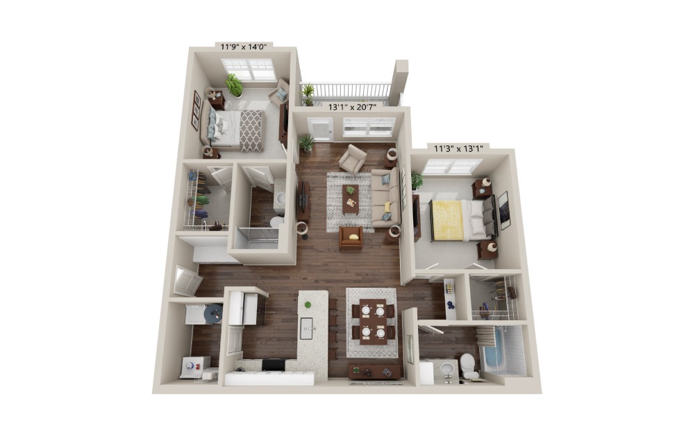 B2 - 2 bedroom floorplan layout with 2 baths and 1135 square feet.