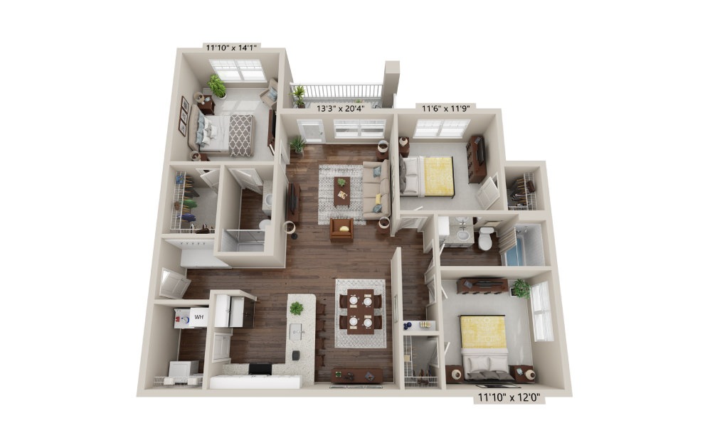 C1 - 3 bedroom floorplan layout with 2 baths and 1305 square feet. (2D)